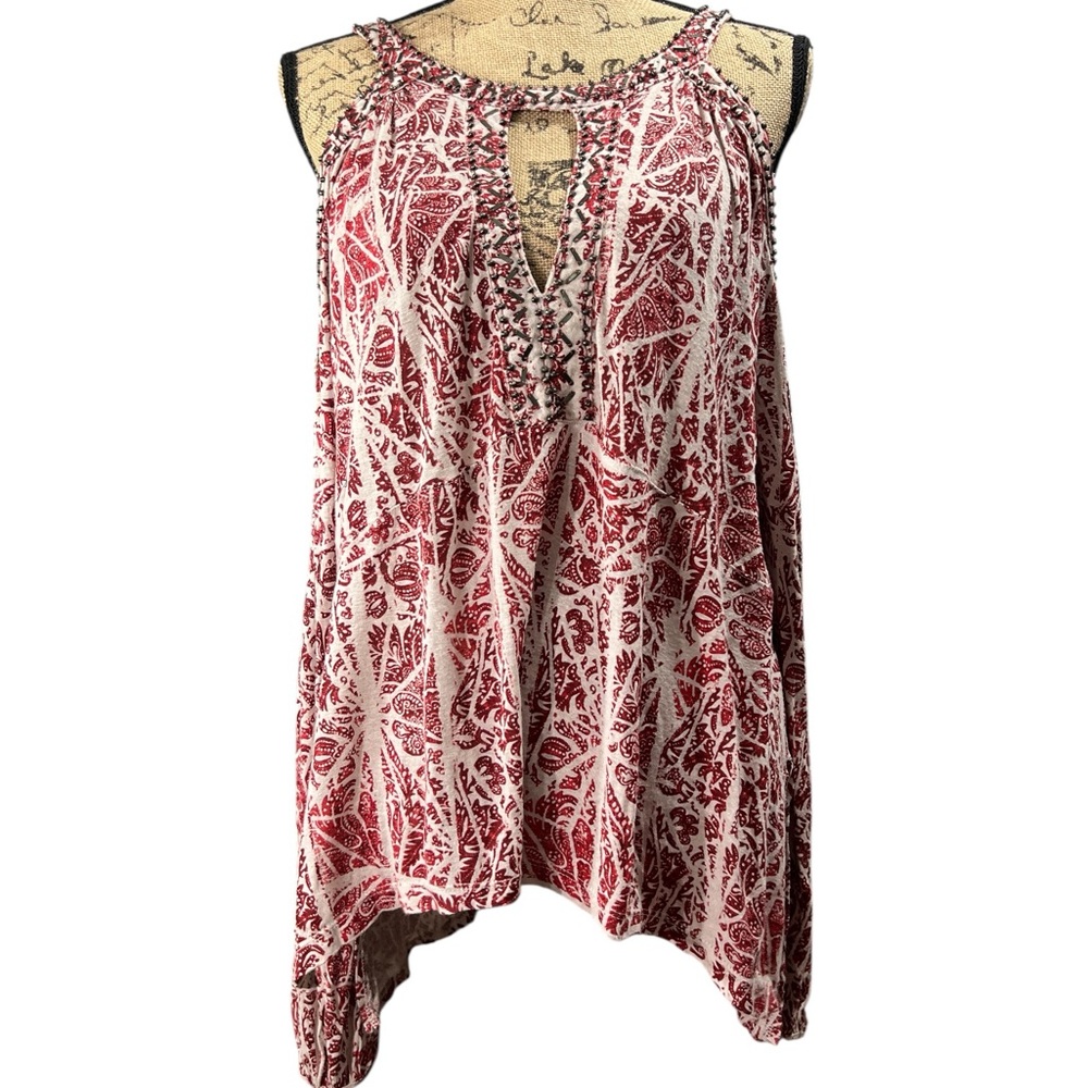 Free People Burgundy and gray cold shoulder Floral Blouse. Size XSMALL